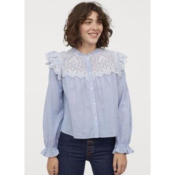 H&M Blouse Size 18 Button Front Long Sleeve Embroidered Lace Striped Blue White - Picture 1 of 12